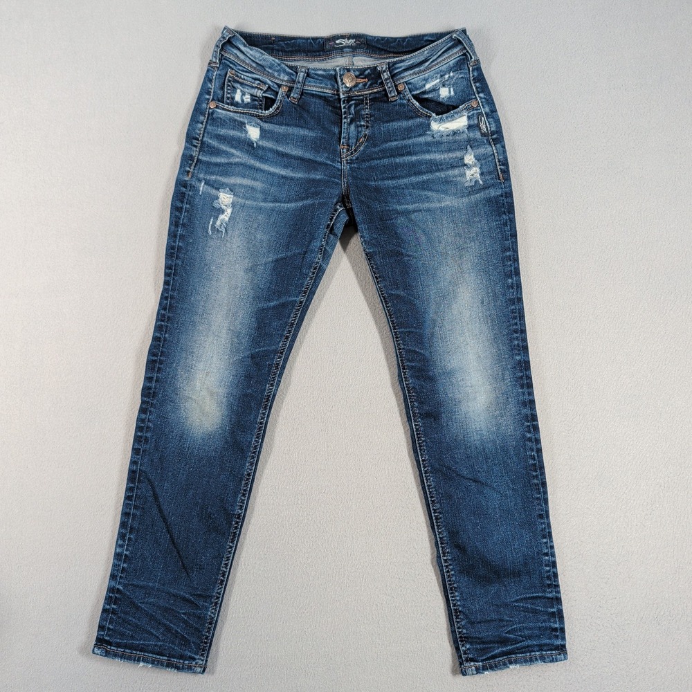 Silver Jeans Women‎ 26 Blue Suki Mid Slim Distressed Denim Casual Pants